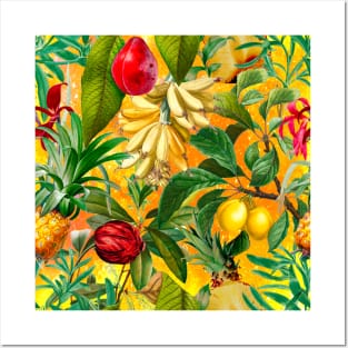 tropical exotic botanical illustration with floral tropical fruits, botanical pattern, fruit pattern, Yellow fruit pattern over a Posters and Art